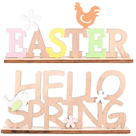 PRETYZOOM 2 Stück Holz Schriftzug Osterdeko Easter Hello Spring mit Vögelchen Blumen Huhn Desktop Ornament Ostern Party Festival Tisch Hause Bauernhaus Dekoration