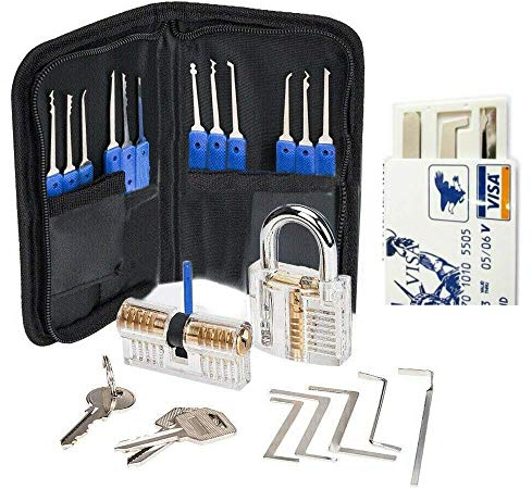 30 Pieces Lock Picking Tool Set With 2 Transparent Training Locks and Updated Version Card Kit - 4 Training Levels for Beginner and Locksmith