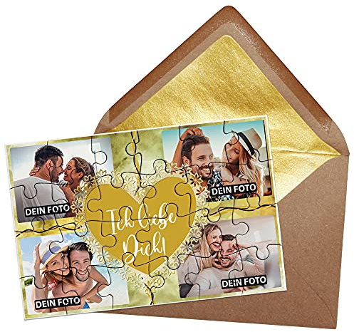 PR Print Royal Foto-Puzzle - Collage Ich Liebe Dich - inkl. Briefumschlag mit Gold-Inlay - Geschenk für Paare, Liebe, Valentinstag - mit Vier Bildern Bedrucken Lassen - 24 Teile