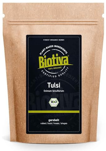 Tulsi - Té rallado orgánico 100 g – albahaca india – Ocimum Tenuiflorum – albahaca real – vegano – embotellado y controlado en Alemania Biotiva