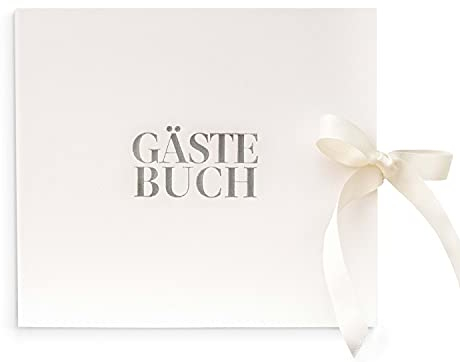 Chili Originals Leder Design Gästebuch | Edles Cover modern weiß | Hochwertige Schrift Veredelung | 84 Seiten leer blanko | Hochzeit Taufe Feier | Wedding Guestbook (Silber mit Schleife)