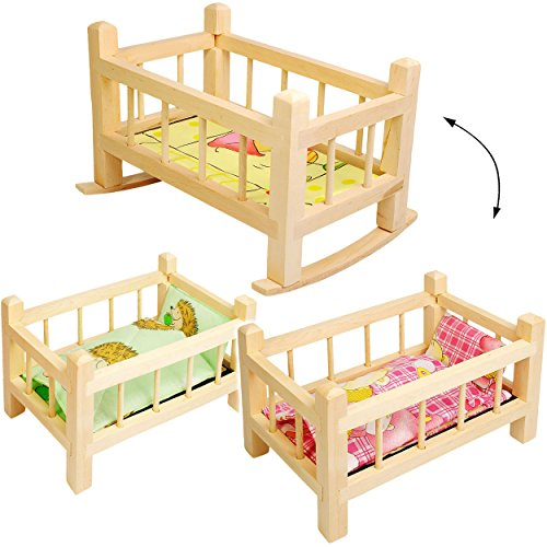 alles-meine.de GmbH Holz - Puppenbett & Puppenwiege - UMBAUBAR - mit Bettzeug - 34 cm lang - Bett aus Naturholz - für Puppen - Decke & Kopfkissen - Wiege Kinderbett Baby - Puppe ..