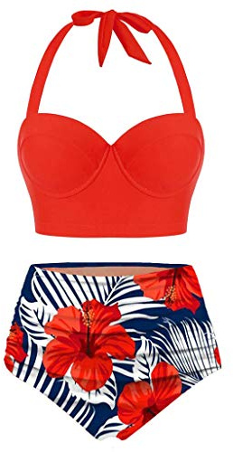 Femme Maillots De Bain Deux PièCes - Taille Haute Licou Halter Triangle RéGlable Bikini ContrôLe du Ventre SéChage Rapide Sportif Croisé Col V Femme Sport Mode Plage