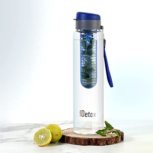 CELLO Detox - Bottiglia d'acqua in vetro con infusore per frutta e tè, tappo largo sigillato con tappo a ribalta, a prova di perdite e durevole, ideale per palestra, ufficio, viaggi, 750 ml, blu