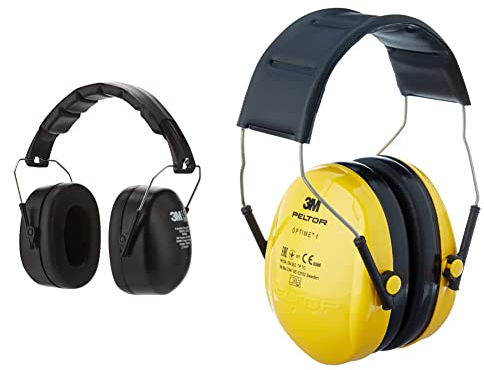 3M Kapselgehörschutz 90563E, Zusammenklappbarer Ohrenschützer, schwarz, 1 Stück & 3M Peltor Optime I Ohrenschützer H510A, Leichter Gehörschutz mit weichen Kissen, gelb, 1er Pack