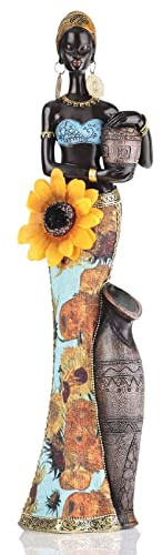QIANLING Sunflower African Lady Figur, Harz African American Figuren, Afrocentric Dekor afrikanische Frau Statue, geeignet für Interieur, Wohnzimmer, Zimmer, Bücherregal, Kamin, Mittelstück