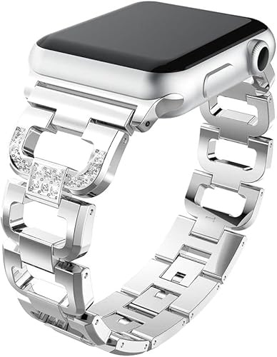 PINHEN Kompatibel mit Apple Watch 41mm 45mm Armband - Metall Edelstahl mit Kristall Diamanten Glänzend Strass Uhrenarmband Ersatz für iWatch Series 10/9/8/7/6/SE/5/4/3/2/1(45/44/42mm, Silver)