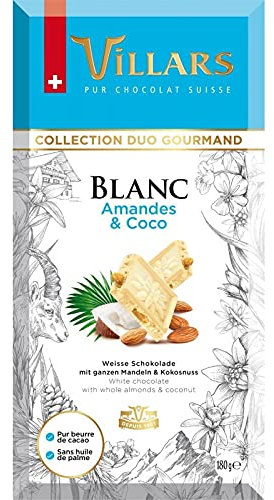 VILLARS - Tablette de Chocolat Blanc aux Amandes et à la Noix de Coco - 180g - Douceur exotique en bouche ! - Lot De 3 - Vendu Par Lot