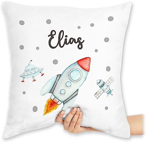 Kissen 40x40 Zierkissen - Weltall - Rakete mit Name personalisiert I Flugrakete I Raumfahrt I Weltraum I Astronaut Geschenk - 40 x 40 cm - Weiß - Planeten raketen NASA Astronauten Universum Space