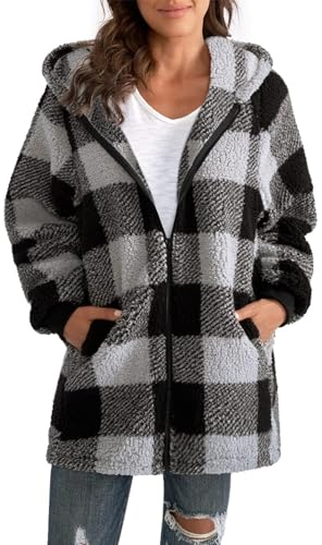 ABINGOO Veste Polaire Zippé pour Femme Chaude Sweats Manteau à Capuche Laine épais Blousons Fourrure Veste à Carreaux Grande Taille Cardigan Casual Mode Hiver Outerwear Ample(Gris,S)
