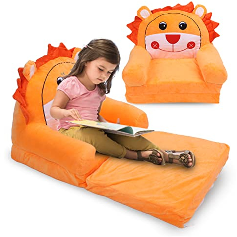 Cartoon Faltbares Kindersofa, Orange Plüsch-Löwenform, 2-in-1 Kleinkind-Couch, Rückenlehne, Sessel, Bett, Niedliche Klappcouch mit Offenem Sitz für Wohnzimmer, Schlafzimmer(2 Ebenen)