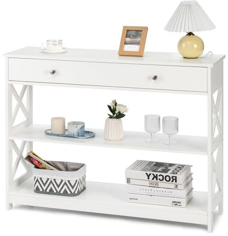 SOARS Console Meuble 100 X 30 X 80 CM, Table Console Étroite à 3 Niveaux avec Grand Tiroir pour Clés, Montres et Bijoux, Charge Max 40 KG, pour Entrée, Salon, Couloir, Chambre, Blanc