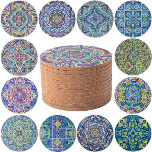 STARUBY 12 Pcs Cork Coasters, Coasters for Drinks, Coasters for Coffee Table, for Drinks Absorbent Kitchen Dining Room Decoration 10cm Round Light Blue