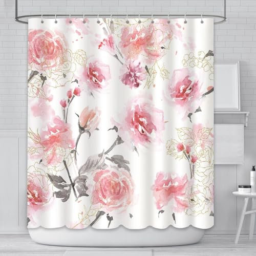 AIBIIN Cortina de ducha floral de 180 x 180 cm, con diseño floral, color rosa, acuarela, rosa, tela de poliéster impermeable, decoración del hogar con 12 ganchos