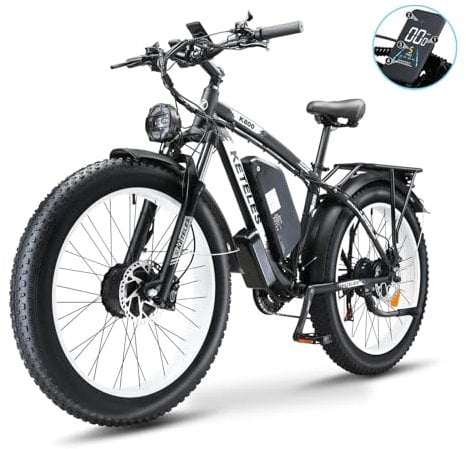 Kinsella KETELES K800 dual motor 26-inch fat tire mountain electric bike 48V 23AH battery, 4 color options, 21 speeds, color display,Hydraulic brakes, UK Warehous (Black white)