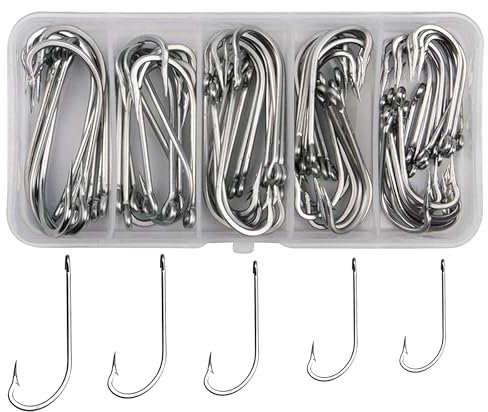 Saltwater Fishing Hooks Set, 50Pcs O'shaughnessy Stainless Steel Fish Hook Long Shank Forged J Fishing Hooks for Freshwater Saltwater Size 1/0-7/0