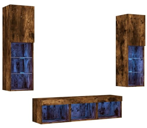 vidaXL Wohnwand 5-TLG., Schrankwand mit viel Stauraum, Anbauwand mit LED-Beleuchtung, Wandmontage Fernsehschrank Wohnzimmer Set, Räuchereiche Holzwerkstoff