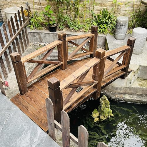 CMYUN Carbonized Small Garden Bridges - Solid Wood Arch Pond Bridge with Safety Rails, Backyard Yard Park Decorative Pond Bridge, 140cm Long