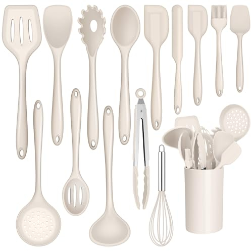 Joyfair Küchenhelfer Set, 15-teiliges Silikon Kochutensilien Kochbesteck Set, Hitzebeständiger Kochgeschirr mit Utensilienhalter, Antihaft Kochset Küchenutensilien, Spülmaschinenfest - Khaki