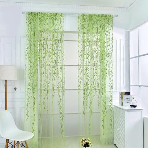 niCWhite 2pcs Willow Curtain Leaf Tulle Voile Curtains Rod-Pocket Green Sheer Curtains 39x78.7 Window Room Scarf Door Bed Drape Panels Window Treatments for Bedroom Living Room