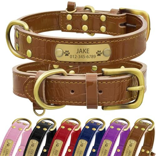Senristar Personalisierte Hundehalsband aus Echtem Leder mit Eingraviertem Namensschild - Langlebiges und Stilvolles Hundehalsband für Kleine, Mittlere und Große Hunde (XL, Braun)