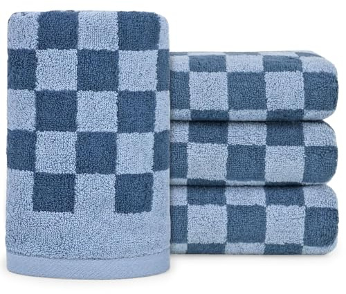 Jacquotha Handtuchset, Karierte Handtücher für Bad, Gesicht und Haare, für Damen und Herren, Küche, luxuriöse Baumwolle, weich und flauschig, 33 x 74 cm, 4er-Set, blau