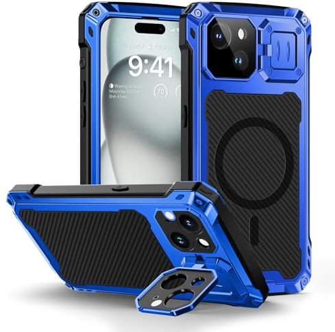 Lanhiem iPhone 15 Plus Case with Tempered Glass Screen Protector and Camera Kickstand - Heavy Duty Metal Tough Case, Full Protective Cover (Blue)