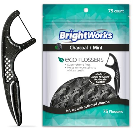Brightworks ECO Sustainable Floss Picks - 225 Count - Made in USA Charcoal + Mint Infused 100% Post-Consumer Recycled Plastic with Micro-Crystals for Oral Care Hygiene Gum Health