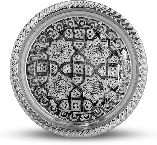 SULTAN TEA Moroccan Tea Tray Coffee Tea Beverage Round Vintage Large Silver Tea Serving Tray Easy to Clean Luxury Stainless Steel Moroccan Decorative Breakfast Dinner Table Drinks Tray (Tray - 23cm)