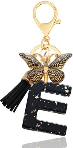 ANHBKAR Schlüsselanhänger mit Anfangsbuchstaben, Schmetterlings-Schlüsselanhänger, niedliches Harz, Initial-Schlüsselanhänger, Rucksack-Anhänger, Schlüsselanhänger für Frauen, Mädchen, Schwarz, Small