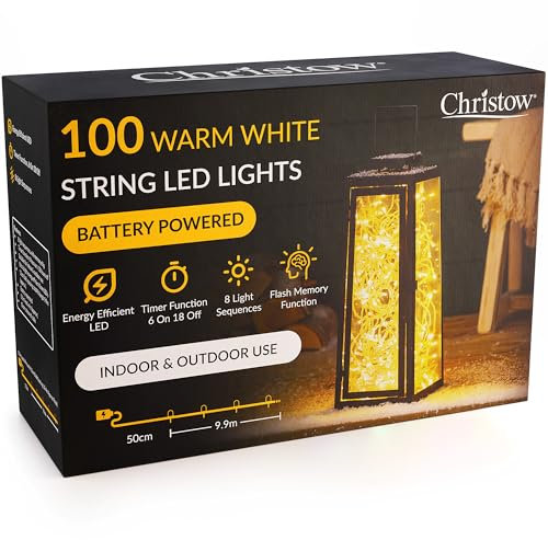 CHRISTOW Christmas Fairy Lights Battery Operated, White LED String Lighting with Timer, Indoor & Outdoor, 8 Light Modes Flashing & Static Glow, Clear Cable (100 LED / 10m Lit Length)