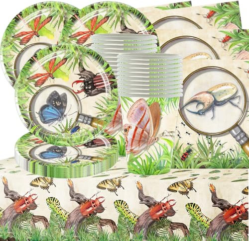 61 Stück Partygeschirr mit Insektenmotiven, Partydekorationen wie Teller, Tassen, Servietten und Tischdecken für 20 Kindergeburtstage