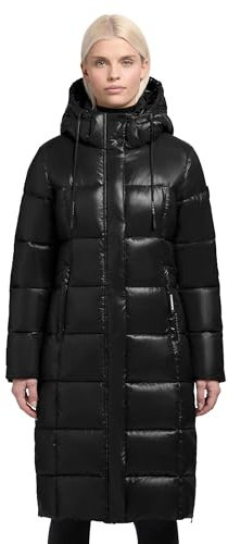khujo Damen Steppmantel angesagte lange Winterjacke aus shiny glänzendem Material Shane2-YM Black Gr. XL