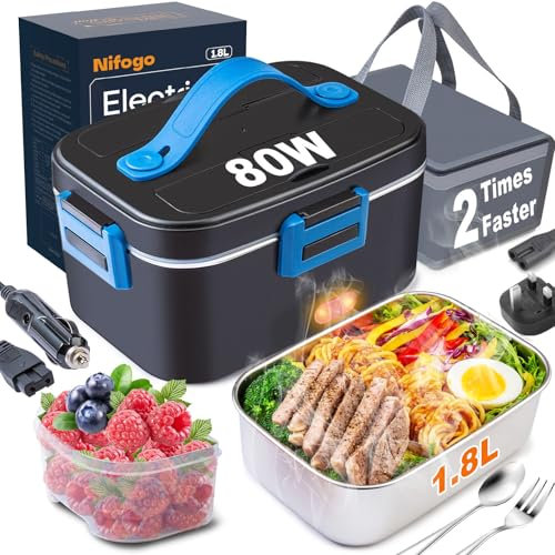 Nifogo Electric Lunch Box for Adults 80W Portable Heated Lunch Box for Men 3 in 1 Portable Food Warmer 230V/12V/24V with 1,8L Removable Stainless Steel Container & Bag(Blue)