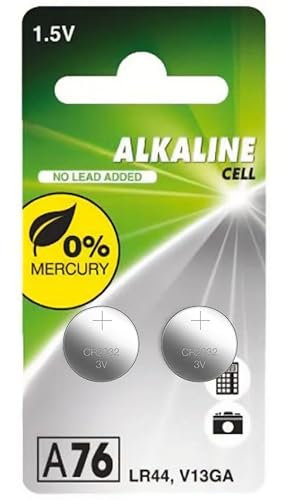 LR44 A76 Mercury Free Alkaline Battery Includes 2 Batteries Dimensions: 11.6 x 5.4 mm Voltage: 1.5 V Capacity: 110 mAh