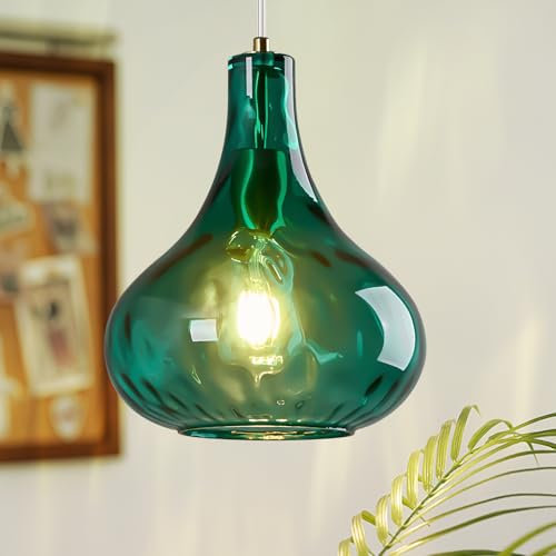 ZYBWL Grüne Glas Pendelleuchte 1 Flammig Gold Metallin Hängeleuchte Küche Hängelampe Höhenverstellbar Einfache Modern Kronleuchter für Schlafzimmer Esstisch Esszimmer, E27 Fassung, Ø 24 cm