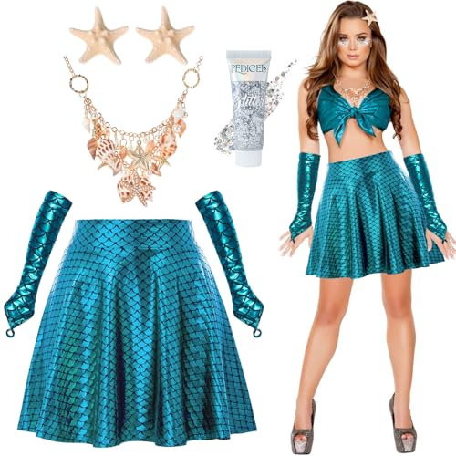 Meerjungfrau Kostüm Damen - Meerjungfrau Rock | 1 Paar Handschuhe Meerjungfrau | Seestern Shell Halskette | Body Glitter Gel | 2 Stücke Seestern Haarspangen, Karneval Kostüm Accessoires (Blau, L)