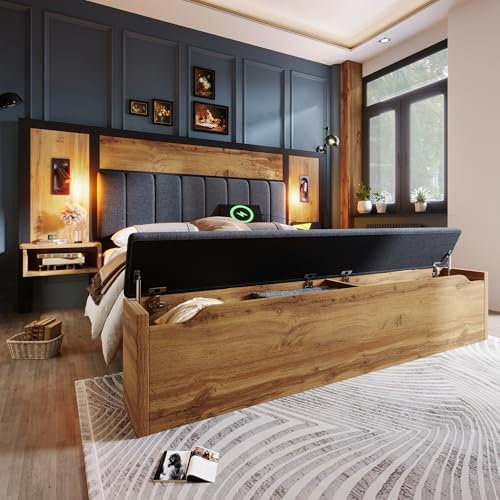 MOBETTRES Doppelbett Polsterbett Bettanlage mit Leselampe und U-S-B C Nachttisch und Sitzbank mit Stauraum, Bettgestell mit Lattenrost aus Metall, Holz und Leinen (Eiche, 180×200)