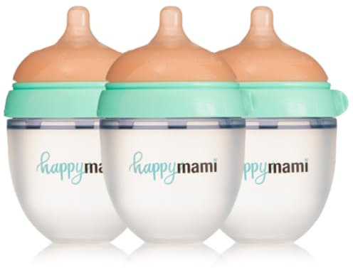 HappyMami - Set de 3 Biberons en Forme de Sein, Biberons,Tétine en Silicone de Qualité Médicale, Double Système Anti-Colique, sans BPA, Lavable au Lave-vaisselle, Chauffe-biberon (Turquoise 150ml)