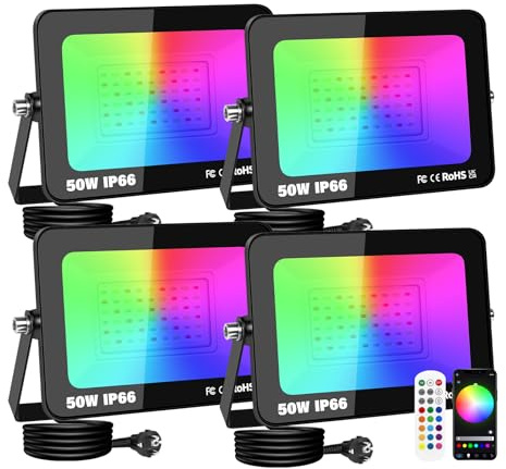RIGIDON 4 x 50W Foco LED Exterior RGBW, 5000LM Proyector LED Colores