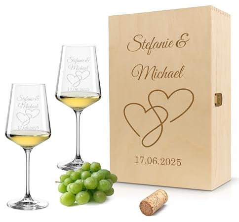 Gravur-Max Weinglas 2er Set 560 ml „Nur die Liebe zählt“ - Herz-Glas – Leonardo Puccini Glas mit Lasergravur – personalisierte Weingläser mit Namen & Datum in Holzbox – Geschenk für Paare