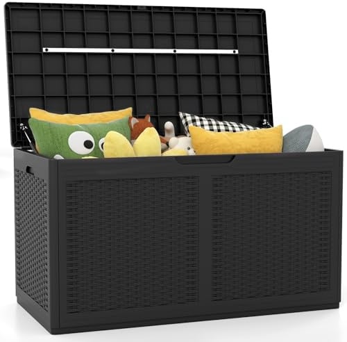 GOPLUS Coffre de Rangement Extérieur Étanche 380 L, Coffre Banc Jardin Exterieur avec 2 Roues, pour Balcon Terrasse, Coussins, Jardinage, Outils, Accessoires, Charge 200KG (Noir,111x56x61-380L)