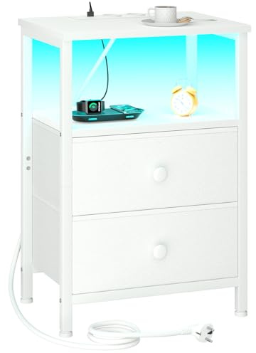 AMHANCIBLE Nachttisch, Beistelltisch mit Ladestation und LED-Leuchten | 3-stufiger Sofatisch mit 2 Stoffschubladen, Nachtschrank aus Holz mit offenem Regal für Schlafzimmer, Wohnzimmer, Weiß