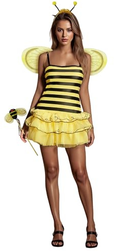 Acrawnni Womens Cosplay Costume Set Halloween Yellow Honey Bee Dress with Wings Headband Leg Sleeves for Party Cosplay Fancy Dress (D-Yellow, M)