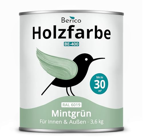 Berico Holzfarbe 3,6 Kg - 4in1 Premium Holzlack - RAL 6019 Mintgrün | Robuster Holz- & Wetterschutz inkl. Grundierung, für Innen & Außen, schnelle Trocknung, hohe Deckkraft