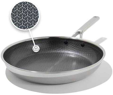 OXO Trident 12” Hybrid Nonstick Stainless Steel Frying Pan, Tri-Ply Thermobond PFAS-Free Ceramic Skillet, Induction & All Cooktop Compatible, Oven Temp to 850°F, Dishwasher Safe, Silver