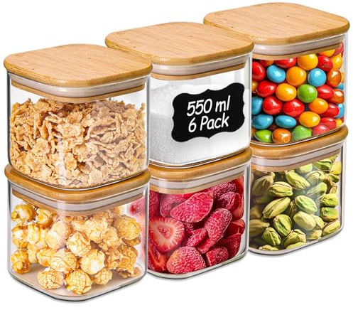 ComSaf Bocaux en verre avec couvercles 550 ml, lot de 6 pour la cuisine | Rangement cuisine, Couvercles en bambou, Haricots noirs, Barres énergétiques, Graines de courge, Verre borosilicaté