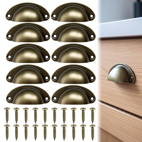 10PCS Cabinet Cup Pull Handle, 82x35mm, Vintage Drawer Shell Pulls for Kitchen Cabinets and Furniture, Antique Bronze Cupboard Door Handles with Screws for Drawers, Dressers and Home Renovation