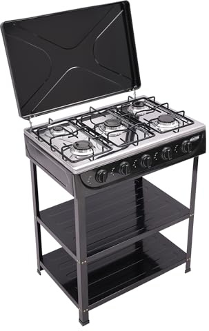Gasherd, 5-Flammen mit Gas-Kochfeld Standherd 2 Etagen Regal, 2.5KW Erdgasofen mit 5 Drehknöpfen für Küche & Outdoor, 64 * 44.5 * 16.5cm (Schwarz)