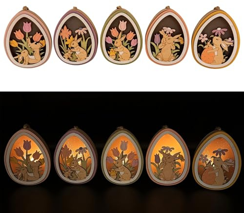 Online Fuchs 5 LED-Ostereier aus Holz zum Aufhängen oder Hinstellen, Osterdeko mit 6-Stunden Timerfunktion - süße Motive mit Osterhasen